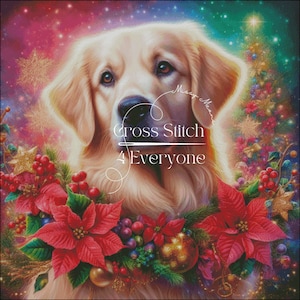 May include: A golden retriever dog wearing a Christmas wreath around its neck. The wreath is decorated with red poinsettias, green holly, and gold baubles. The dog is looking to the left of the image. The background is a colourful blur of stars and lights.