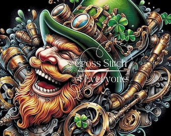 A steampunk leprechaun st patricks fantasy counted cross stitch pattern digital pdf
