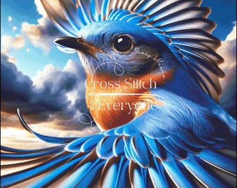Eastern bluebird in flight vibrant Cross Stitch Pattern:  (Digital PDF)