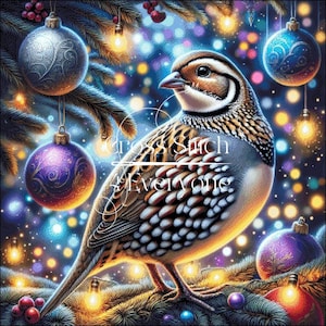May include: A digital illustration featuring a bird on a Christmas tree branch, with baubles and lights. The bird has brown, white, and grey feathers. The image includes the text "Cross Stitch for Everyone".