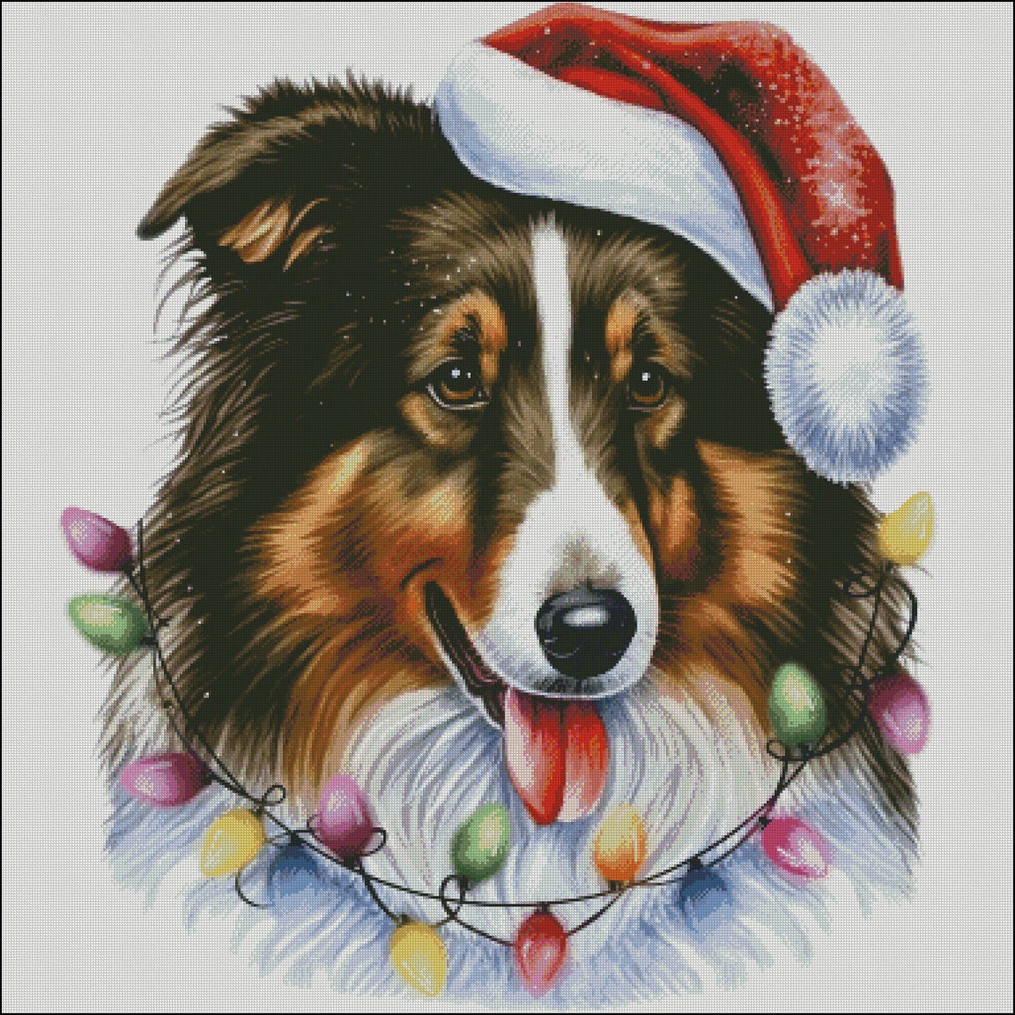 Sheltie Collie Dog With Christmas Lights Santa Hat Counted Cross Stitch ...