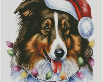 Sheltie collie dog with christmas lights santa hat counted cross stitch pattern digital pdf