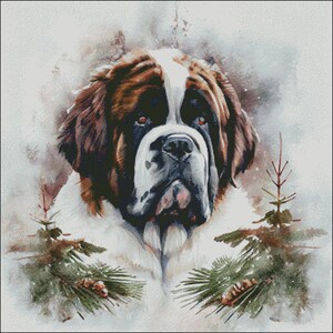 A St Bernard dog christmas winter scene counted cross stitch pattern digital pdf
