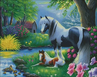 Gypsy vanner horse mare and foal spring scenery counted cross stitch pattern PDF