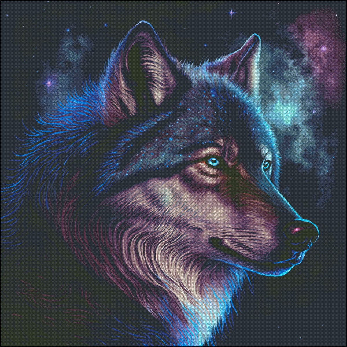 A wolf surrounded by the galaxy counted cross stitch pattern digital pdf
