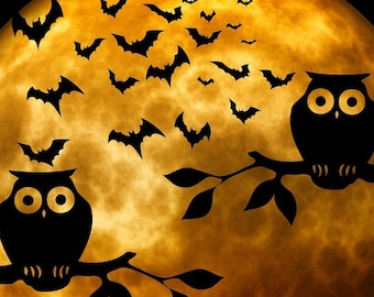 Full moon with owls and bats Halloween counted cross stitch pattern