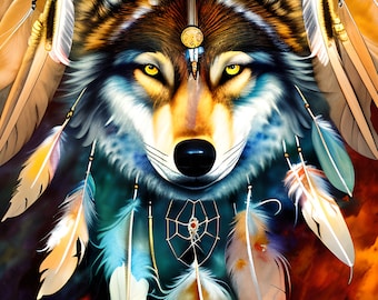 Timber wolf with dreamcatcher and feathers counted cross stitch pattern digital pdf download