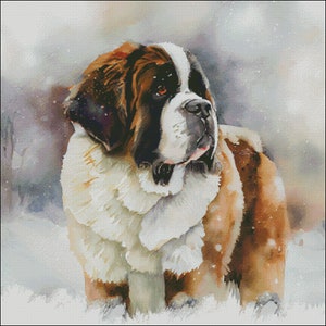 St Bernard dog christmas winter scene counted cross stitch pattern digital pdf