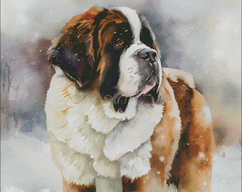St Bernard dog christmas winter scene counted cross stitch pattern digital pdf