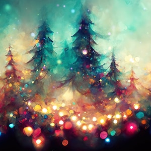 Könnte beinhalten: Ein Aquarellbild eines Waldes mit Kiefern und bunten Lichtern. Die Bäume sind vor einem Hintergrund aus Blau, Grün und Orange silhouettiert.