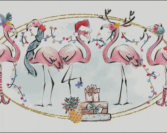 Christmas pink flamingos decorations bird counted cross stitch pattern digital pdf