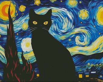 Starry night black cat van gogh style counted cross stitch pattern digital pdf
