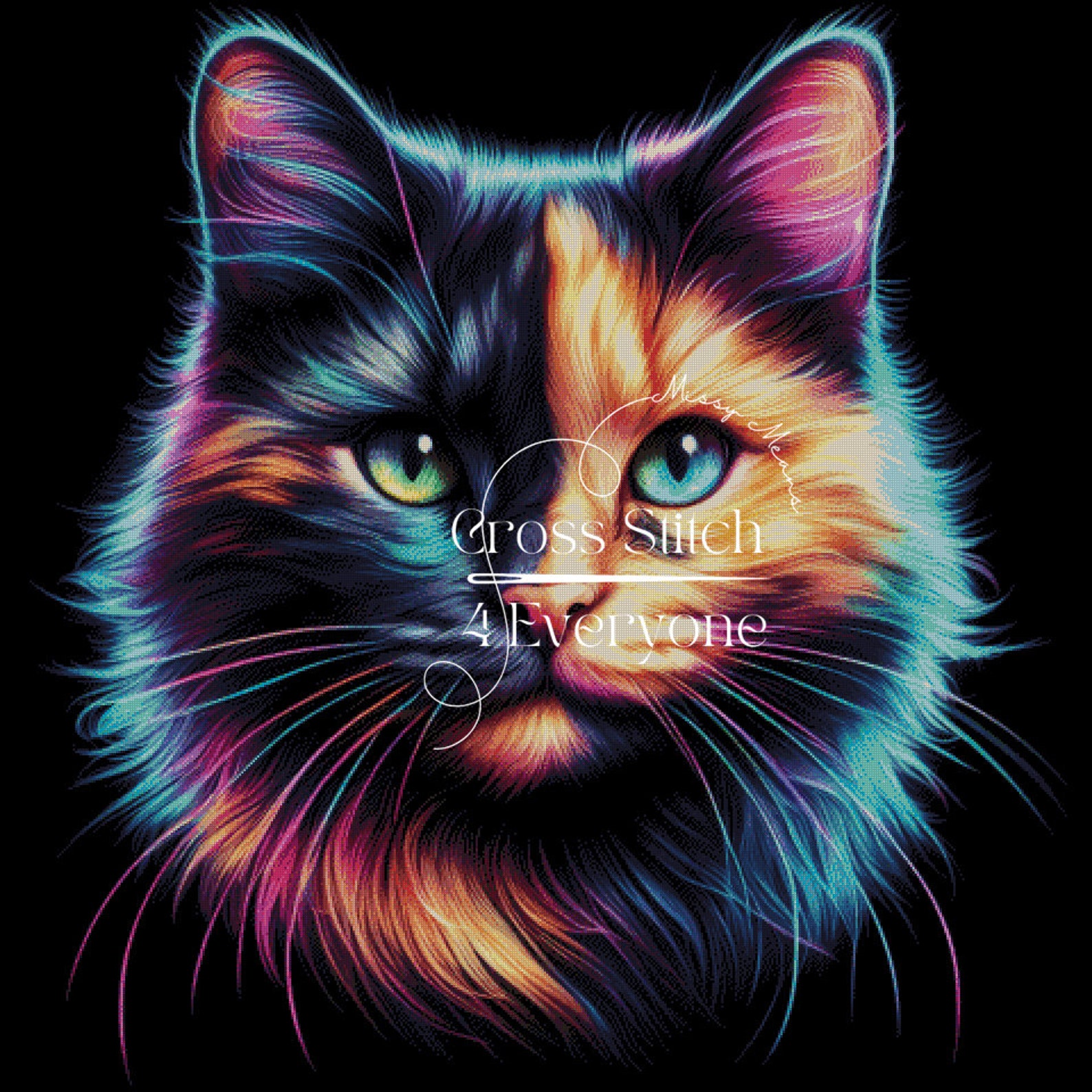 A Colorful Tortoiseshell Calico Cat in Neon Colors Counted Cross Stitch ...