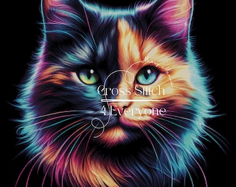 A colorful tortoiseshell calico cat in neon colors  counted cross stitch pattern digital pdf