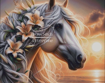 A palomino horse with lily flowers sunset background counted cross stitch pattern digital pdf