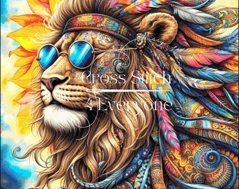 King Lion Hippie Colors Cross Stitch Pattern (Digital PDF)