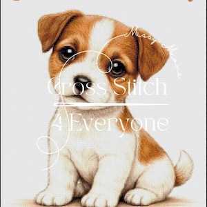 May include: A cross-stitch pattern featuring a Jack Russell puppy with brown and white fur. The text "Jack Russell," "Cross Stitch 4 Everyone," and "Addict" are displayed in orange and white fonts.