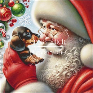 Könnte beinhalten: Eine digitale Illustration von Santa Claus, der einen Dackel-Welpen hält. Der Welpe ist braun und schwarz, und Santa trägt einen roten Anzug und Hut. Das Bild enthält den Text "Cross Stitch 4 Everyone". Weihnachtsdekorationen sind im Hintergrund.