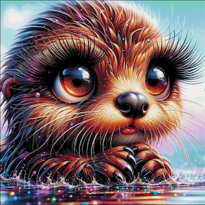 Puede incluir: Primer plano de una nutria de dibujos animados con grandes ojos marrones y largas pestañas. La nutria está mojada y tiene la nariz rosa. La nutria está en un cuerpo de agua con destellos coloridos.