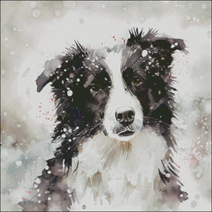 A Border Collie dog snowy winter scene counted cross stitch pattern digital pdf