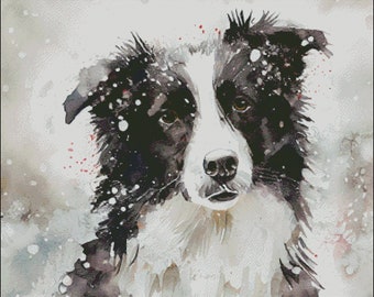 A Border Collie dog snowy winter scene counted cross stitch pattern digital pdf