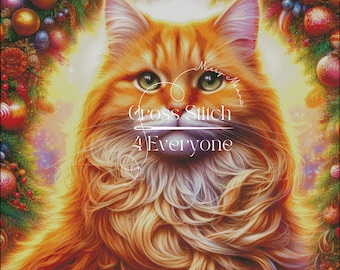 An orange  long haired tabby cat with wreath counted cross stitch pattern digital pdf