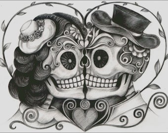 Skeleton bride and groom sugar skulls counted cross stitch pattern PDF