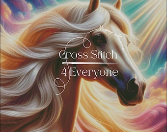 A palomino horse with beams of colorful sunlight counted cross stitch pattern digital pdf