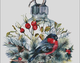 Glass Christmas ornament with bird counted cross stitch pattern digital pdf