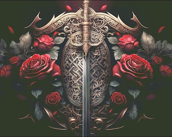 Red rose flowers and a sword counted cross stitch pattern digital pdf