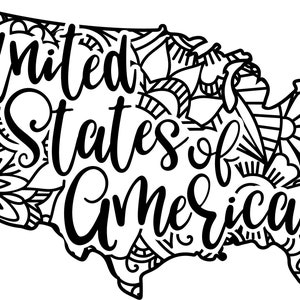 May include: Black and white illustration of the United States of America with a decorative floral pattern. The text "United States of America" is written in a stylized font.