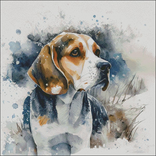 Beagle hound dog christmas winter scene counted cross stitch pattern digital pdf