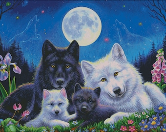 Wolf family and full moon wildlife counted cross stitch pattern PDF
