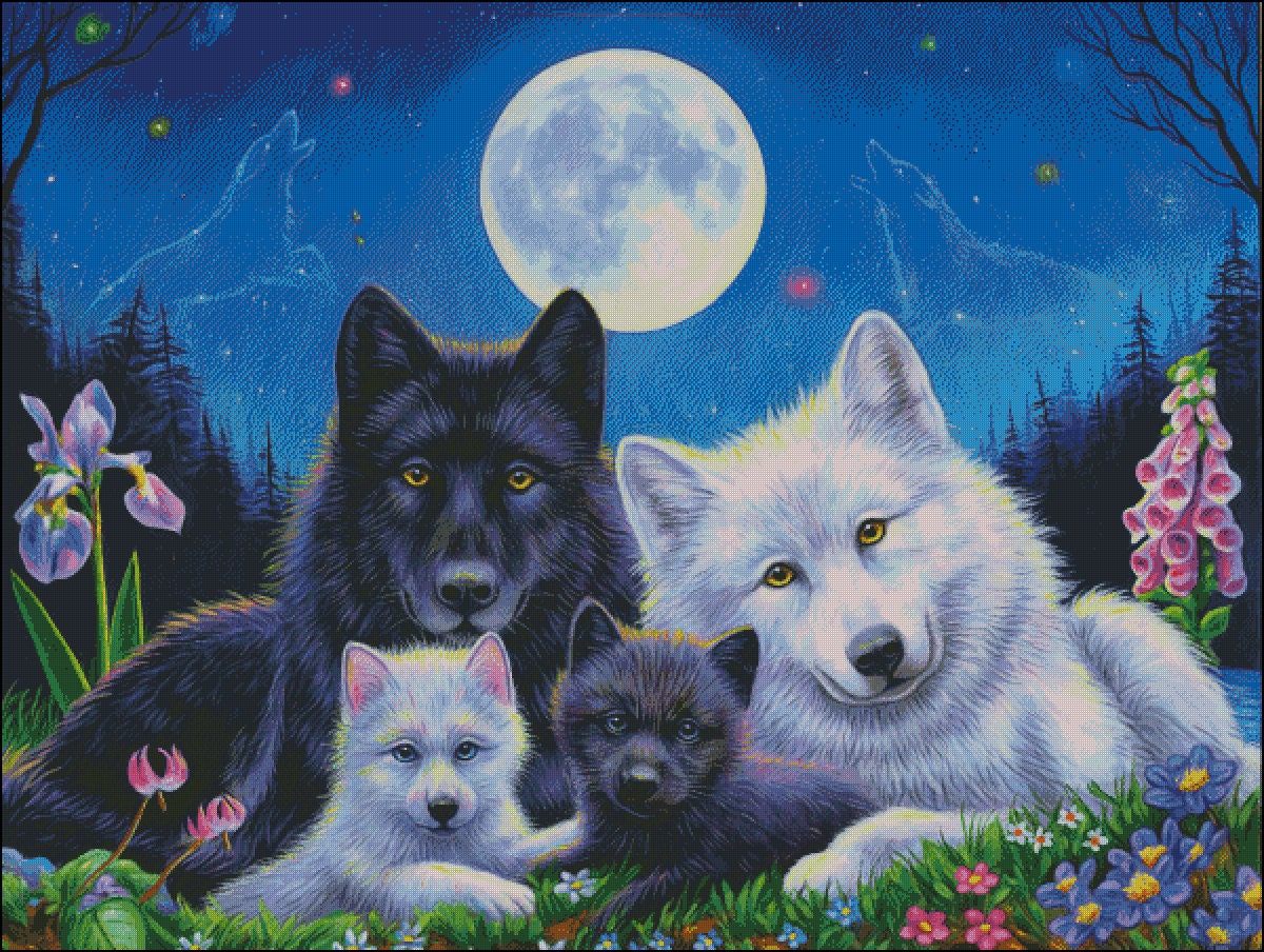 Wolf Family and Full Moon Wildlife Counted Cross Stitch