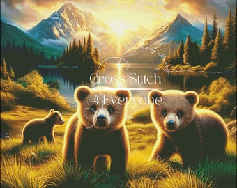 Three grizzly bear cubs in a pretty mountain landscape counted cross stitch pattern digital pdf