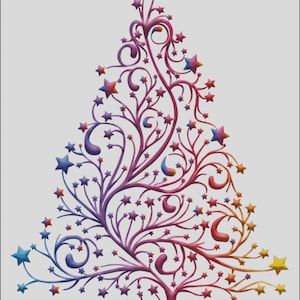 Puede incluir: Un árbol de Navidad estilizado y colorido con un degradado arcoíris de rosa, morado, azul y amarillo. El árbol está decorado con muchas estrellas pequeñas.