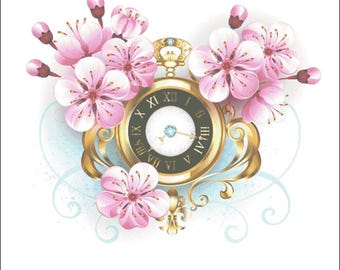 Steampunk style watch with sakura flowers counted cross stitch pattern digital pdf