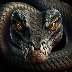 May include: Close-up of a snake's head with yellow eyes and sharp teeth. The snake is coiled around itself, with its scales visible.