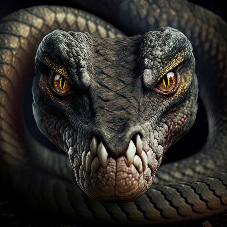 May include: Close-up of a snake's head with yellow eyes and sharp teeth. The snake is coiled around itself, with its scales visible.