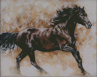Bay horse at a canter watercolor counted cross stitch pattern