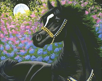 Black arabian horse with moon and flowers counted cross stitch pattern digital pdf