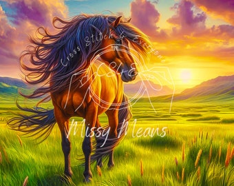 Kiger Mustang Horse Cross Stitch Pattern: Prairie Landscape (Digital PDF)