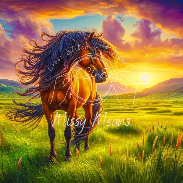 A gorgeous kiger mustang horse in a stunning prairie landscape counted cross stitch pattern digital pdf