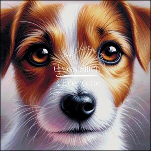 May include: Close-up of a dog's face with brown, white, and tan fur. The dog has large, expressive brown eyes and a black nose. The text "Cross Stitch 4 Everyone" is visible.