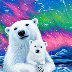 Polar bear mom and cub northern lights arctic counted cross stitch pattern PDF