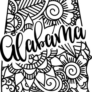 May include: A black and white line art graphic of the state of Alabama filled with intricate floral and swirl patterns. The word Alabama is written in a bold, cursive script across the center of the state shape, overlaying the detailed design.