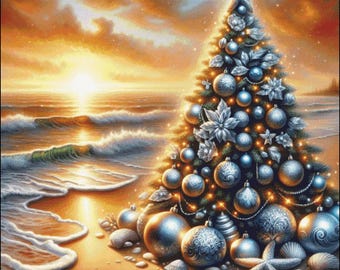 Beach Christmas Tree Cross Stitch Pattern: Gold & Silver (Digital PDF)