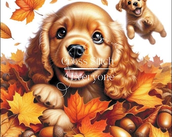 Golden COCKER SPAINIEL puppies in autumn leaves Cross Stitch Pattern:  (Digital PDF)