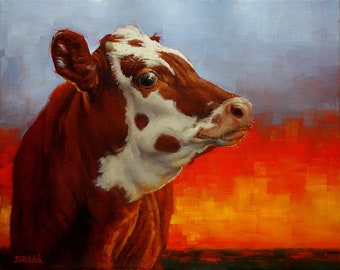 Red white face calf sunset counted cross stitch pattern digital pdf