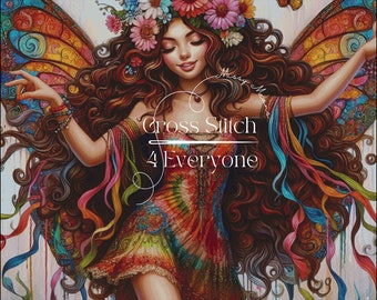 A colorful fairy hippie counted cross stitch pattern digital pdf